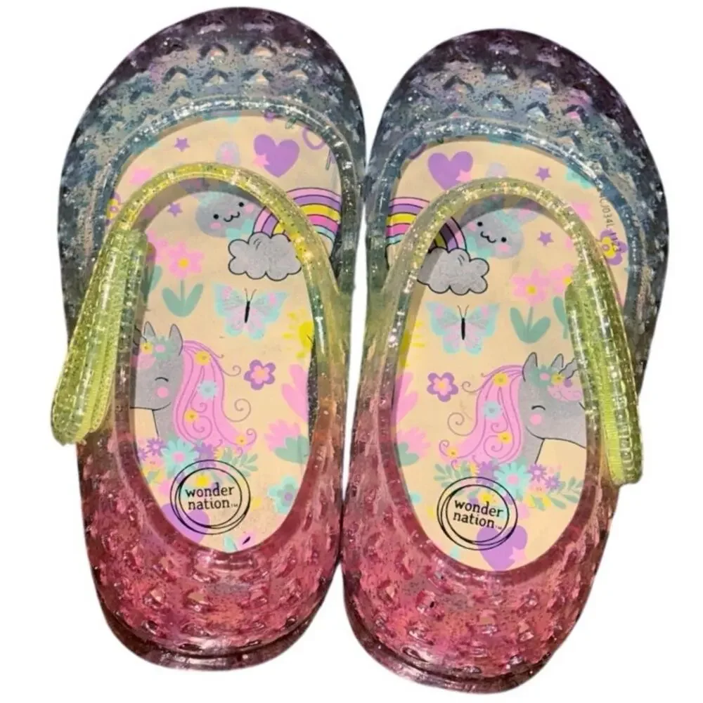Wonder Nation Rainbow Glitter Jelly Shoes Girls 6C Unicorn Heart Velcro Sandals